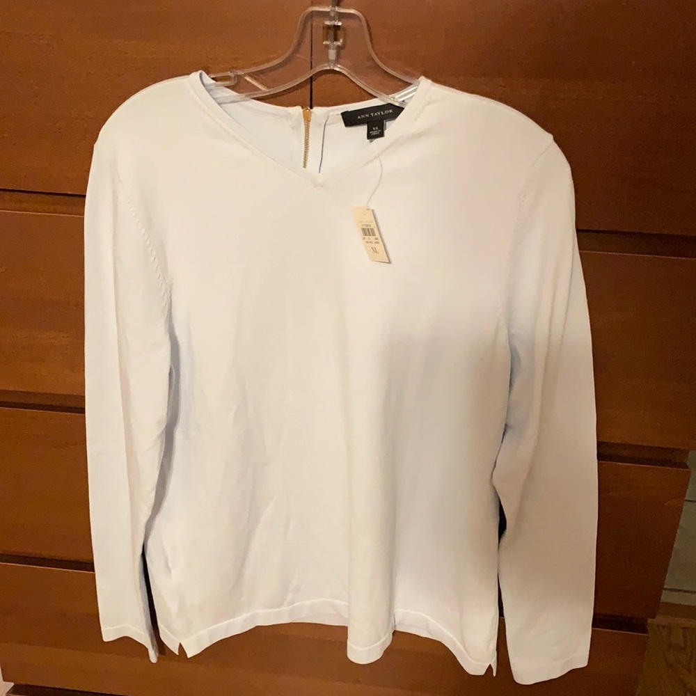 Ann Taylor baby blue v-neck long sleeve shirt, zippered back